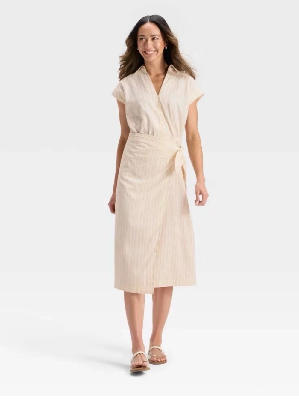 Universal Thread Cream Striped Sleeveless Midi Wrap Shirt Dress, SZ. S